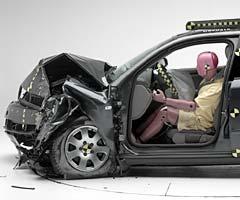 The dummy's position in relation to the steering wheel and instrument panel after the crash test indicates that the driver's survival space was maintained well