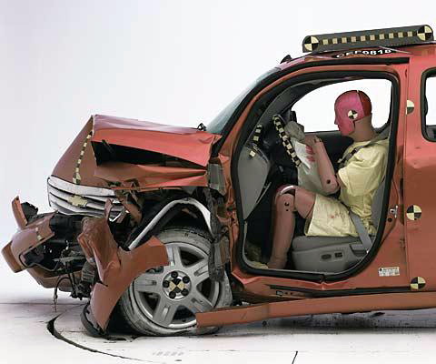 The dummy's position in relation to the steering wheel and instrument panel after the crash test indicates that the driver's survival space was maintained well