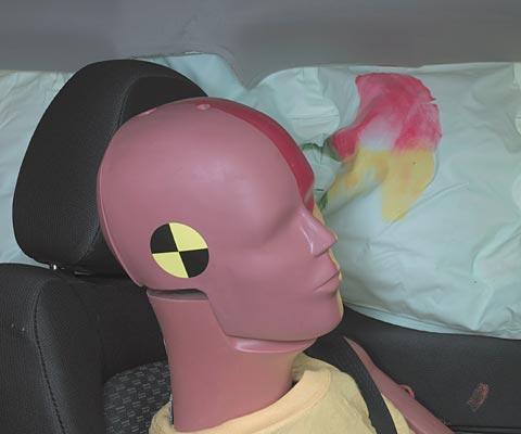 Smeared greasepaint shows where the driver dummy's head was protected from being hit by hard structures by the side curtain airbag