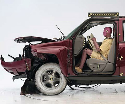 The dummy's position in relation to the steering wheel and instrument panel after the crash test indicates that the driver's survival space was maintained reasonably well