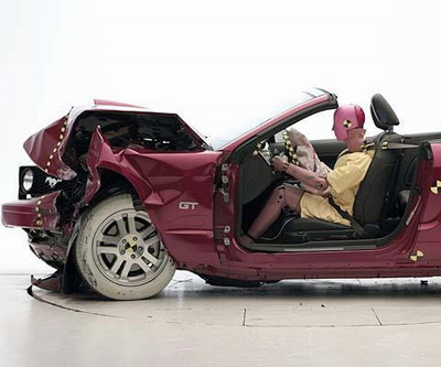 The dummy's position in relation to the steering wheel and instrument panel after the crash test indicates that the driver's survival space was maintained reasonably well