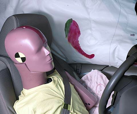 Smeared greasepaint shows where the driver dummy's head was protected from being hit by hard structures by the side curtain airbag