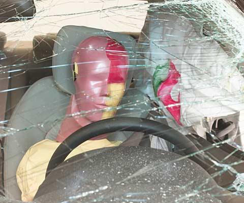 Smeared greasepaint shows where the driver dummy's head was protected from being hit by hard structures by the side airbags