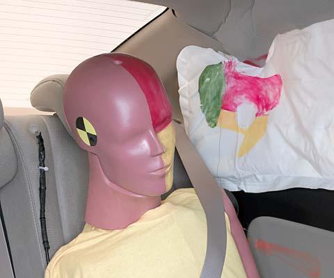 Smeared greasepaint shows where the rear passenger dummy’s head was protected by the side airbag