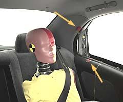 Smeared greasepaint shows where the rear passenger dummy's head was hit by the pillar behind the rear passenger door and the window sill of the rear door