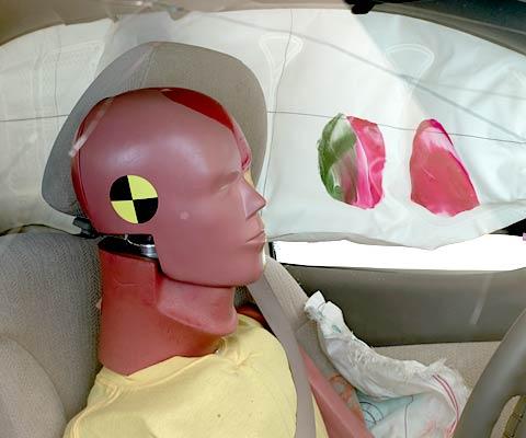 Smeared greasepaint shows where the driver dummy's head was protected from being hit by hard structures by the side curtain airbag