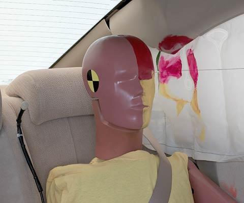 Smeared greasepaint shows where the rear passenger dummyвЂ™s head was protected by the side airbag