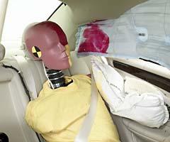 Smeared greasepaint shows where the rear passenger dummy's head was protected by the side curtain airbag. Also shown is the door-mounted torso airbag, standard on the tested 2005 model, but optional beginning in 2006