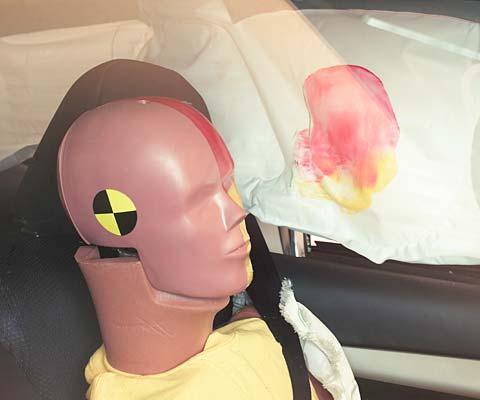 Smeared greasepaint shows where the driver dummy's head was protected from being hit by hard structures by the side curtain airbag