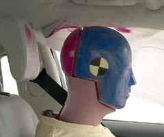 Smeared greasepaint indicates where the dummy's head hit the roof rail, grab handle, and head restraint during rebound. Head accelerations from these hits were low.