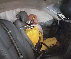 Action shot taken during the side impact crash test showing the driver dummy's head was protected from being hit by hard structures by the side curtain airbag.