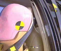 Smeared greasepaint indicates where the dummy's head hit the B-pillar during rebound, producing a high head acceleration.