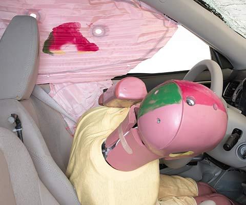 Smeared greasepaint shows where the driver dummy's head was protected from being hit by hard structures by the side curtain airbag