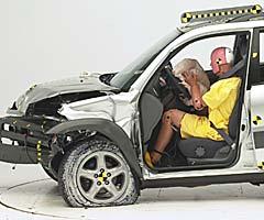 The dummy's position in relation to the steering wheel and instrument panel after the crash test indicates that the driver's survival space was maintained well